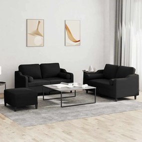 vidaXL Set de canapele cu perne, 3 piese, negru, textil