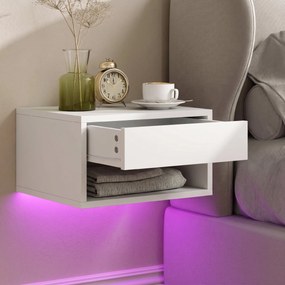 HOMCOM Set 2 Noptiere Suspendate cu LED RGB Integrat și Reglabil prin Aplicație, Sertar și Raft, 37x32x21 cm, Alb | Aosom Romania