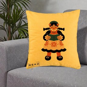 Perna Personalizata Fetita cu Carte Ilustratie Folk, 40x40 cm, Galben, Husa Detasabila, Perna Inclusa, BEKZ®