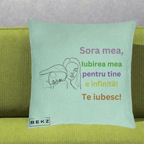 Cadou pentru Sora - Perna Personalizata Sora Mea Te Iubesc Line Art Fete Colorate Brate Ridicate, 40x40 cm, Verde Menta, Husa Detasabila, Perna Inclusa, BEKZ®