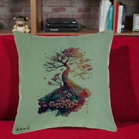 Perna Decorativa Copac Sakura Acuarela Fantasy, 40x40 cm, Verde, Husa Detasabila, Perna Inclusa, BEKZ®