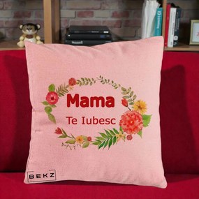 Cadou pentru Mama - Perna Personalizata Mama Te Iubesc Flori Rosii, 40x40 cm, Roz, Husa Detasabila, Perna Inclusa, BEKZ®