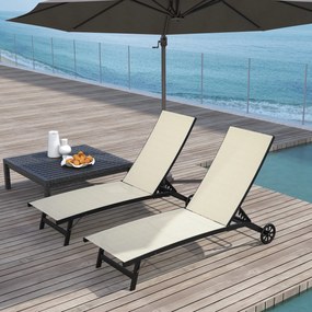 Outsunny Set de 2 șezlonguri din aluminiu și textilenă cu roți, spătar reglabil, sarcină max. 150 kg kaki | Aosom Romania