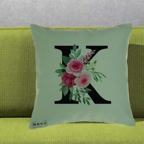 Cadou Personalizat - Perna Personalizata Monograma Florala Litera K, 40x40 cm, Verde, Husa Detasabila, Perna Inclusa, BEKZ®