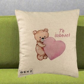 Cadou Romantic - Perna Personalizata Te Iubesc Ursulet cu Inima Roz Acuarela, 40x40 cm, Bej, Husa Detasabila, Perna Inclusa, BEKZ®