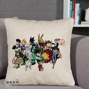 Perna Personalizata My Hero Academia Clasa 1-A Complet, 40x40 cm, Bej Canapea, Husa Detasabila, Perna Inclusa, BEKZ®