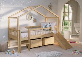 Pat Casă Înălțat Forrest Oak 90x200 cm, pentru Camera Copii, din Lemn de Stejar, Natur, cu Tobogan și Sertare – Vipack