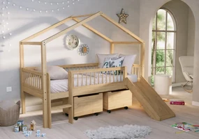 Pat Casă Înălțat Forrest Oak 90x200 cm, pentru Camera Copii, din Lemn de Stejar, Natur, cu Tobogan și Sertare – Vipack