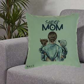 Cadou pentru Mama - Perna Personalizata Super Mom, 40x40 cm, Verde, Husa Detasabila, Perna Inclusa, BEKZ®