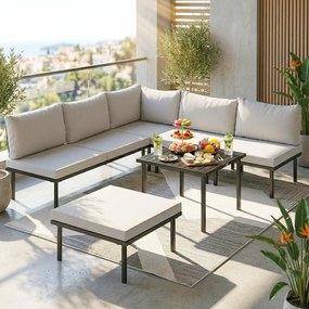 Outsunny Set lounge mobilier grădină 5-6 persoane, canapea 2 locuri, 2 scaune, scaun colțar, masă tip lamele, taburet | Aosom Romania