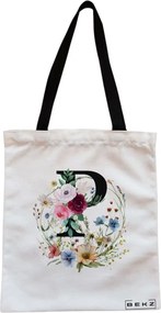 Sacosa de Panza pentru Cumparaturi, Geanta Tote, Cu litera P in Coronita Florala, Cu fermoar, 38x34.5 cm, Alba, BEKZ®