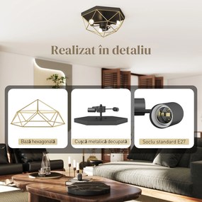HOMCOM Lampă de Tavan Stil Industrial Geometrică cu 3 Suporturi E27 pentru Becuri LED, Negru și Auriu | Aosom Romania