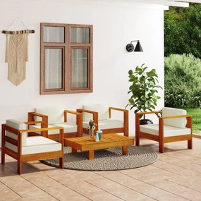 Set mobilier gradina cu perne alb crem, 5 piese, lemn masiv Alb crem, 4x fotoliu + masa, 1
