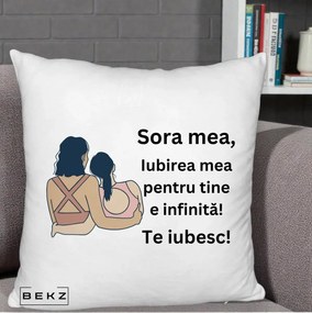 Cadou pentru Sora - Perna Personalizata Sora Mea Te Iubesc Doua Fete Fashioniste Line Art, 40x40 cm, Alb Pufos, Husa Detasabila, Perna Inclusa, BEKZ®