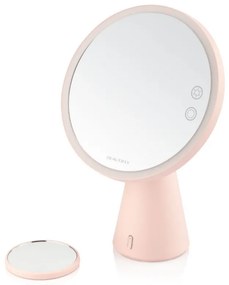 Oglinda cosmetica iluminata Smart Moon LED, Marire 10x, Lumina calda / neutra / rece, Luminozitate reglabila, Difuzor Bluetooth, Roz