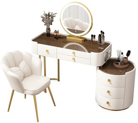 Set Lucia Premium, Masă de toaletă pentru machiaj, incarcare Wireless+USB+USB C, difuzor Bluetooth, oglindă iluminată LED, control touch, trei tipuri culoare, 6 sertare, scaun, 100 cm