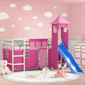 vidaXL Pat etajat de copii cu turn, roz, 90x190 cm, lemn masiv pin