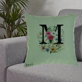 Cadou Personalizat - Perna Personalizata Monogram Litera M cu Flori Acuarela, 40x40 cm, Verde, Husa Detasabila, Perna Inclusa, BEKZ®
