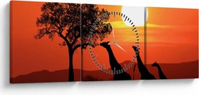 Tablou cu girafe în apus de soare (cu ceas) (90x30 cm)