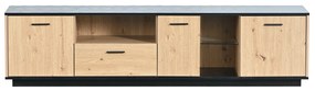 Comodă TV cu O Sertar, Trei Uși și Două Rafturi din Sticlă, Iluminare LED cu 15 Culori Variabile, 180x40x45 cm, Negru+ Natural