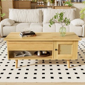 Masă de cafea cu blat rabatabil și uși din ratan, spațiu de depozitare practic,103x50x46 cm, Culoare naturală