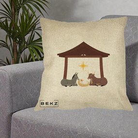 Perna Decorativa Ieslea din Betleem cu Iesle Asin si Bou, 40x40 cm, Crem, Husa Detasabila, Perna Inclusa, BEKZ®