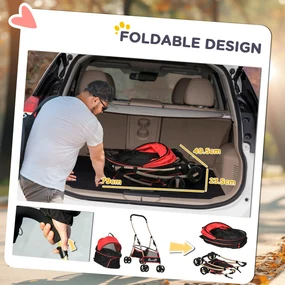 PawHut Cărucior pentru Câini Pliabil și Convertibil în Geantă de Transport cu 2 Lese și Pernă, 82x49.5x98 cm, Roșu | Aosom Romania
