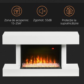 HOMCOM Șemineu Electric Independent și pentru Perete, cu Telecomandă și Protecție Împotriva Supraîncălzirii, 98x27x54,5 cm, Alb | Aosom Romania