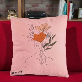 Perna Decorativa Portret Feminin Coroana Florala, 40x40 cm, Roz, Husa Detasabila, Perna Inclusa, BEKZ®