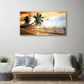 Tablou pe sticla Palm Trees Sea Beach Peisaj Galben Negru Albastru