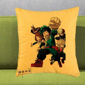 Perna Personalizata My Hero Academia Izuku Deku si Echipa, 40x40 cm, Galben, Husa Detasabila, Perna Inclusa, BEKZ®