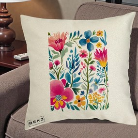 Perna Decorativa Gradina Florala Acuarela Colorata, 40x40 cm, Ecru, Husa Detasabila, Perna Inclusa, BEKZ®