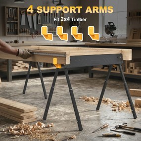 HOMCOM Set de 2 suporturi pentru fierăstrău pliabile înălțime reglabilă pentru lemn 2x4 cu mâner cârlige susține până la 500 kg negru | Aosom Romania