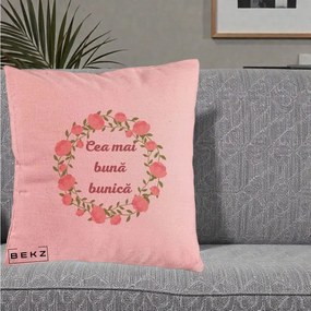 Cadou pentru Bunica - Perna Personalizata Cea Mai Buna Bunica Coronita Trandafiri Roz Clasic, 40x40 cm, Roz, Husa Detasabila, Perna Inclusa, BEKZ®