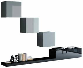 Mobilă pentru sufragerie Charlotte 113 Gri lucios, Negru, Negru lucios, Gri, Părți separate, Cu comodă tv, PAL laminat, 300x42cm, 71 kg