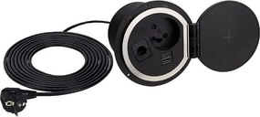 Priză încorporabilă în blat Sambo Box Design Light, încărcător wireless, 1 priză Schuko, USB A + C, negru, D:78 mm Plastic, Negru, D:78 mm