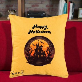 Perna Decorativa Happy Halloween Casa Bantuita Violet, 40x40 cm, Galben, Husa Detasabila, Perna Inclusa, BEKZ®