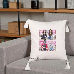 Perna Personalizata K-pop BLACKPINK Fanart Manga Benzi Desenate 4 Membre, 40x40 cm, Bej cu Franjuri, Husa Detasabila, Perna Inclusa, BEKZ®
