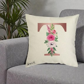 Cadou Personalizat - Perna Personalizata Monograma Rose Gold Litera T, 40x40 cm, Ecru, Husa Detasabila, Perna Inclusa, BEKZ®