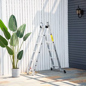 HOMCOM Scară multifuncțională din aluminiu 2,5 m, pliabilă și portabilă, picior antiderapant, greutate maximă 150 kg, argintiu | Aosom Romania