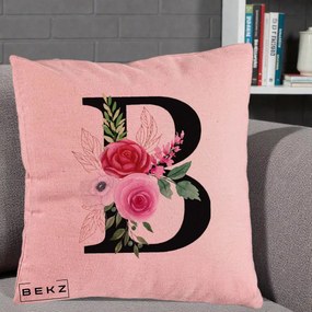 Cadou Personalizat - Perna Personalizata Monograma Florala Litera B, 40x40 cm, Roz, Husa Detasabila, Perna Inclusa, BEKZ®