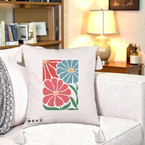 Perna Decorativa Flori Grafice Rosu-Albastru, 40x40 cm, Bej cu Franjuri, Husa Detasabila, Perna Inclusa, BEKZ®