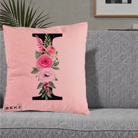 Cadou Personalizat - Perna Personalizata Monograma Florala Litera I, 40x40 cm, Roz, Husa Detasabila, Perna Inclusa, BEKZ®