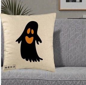 Perna Decorativa Halloween Fantoma Neagra cu Ochi Portocalii, 40x40 cm, Bej, Husa Detasabila, Perna Inclusa, BEKZ®