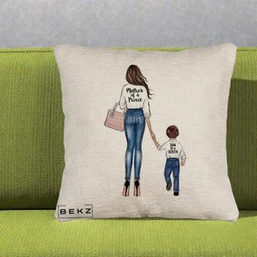 Cadou pentru Mama - Perna Personalizata Canapea, Model Mother of a Prince, 40x40 cm, Bej Canapea, Husa Detasabila, Perna Inclusa, BEKZ®