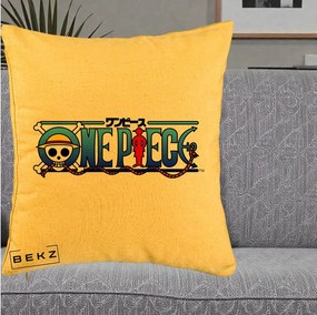 Perna Personalizata One Piece Clasic Albastru, 40x40 cm, Galben, Husa Detasabila, Perna Inclusa, BEKZ®