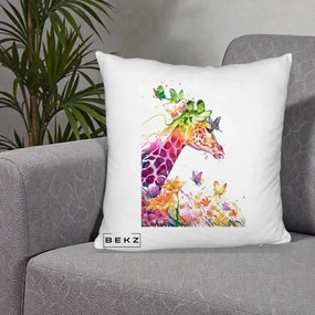 Perna Decorativa Girafa Curcubeu Acuarela, 40x40 cm, Alb Pufos, Husa Detasabila, Perna Inclusa, BEKZ®