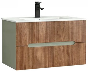 Trent 80 dulap de baie inferior cu chiuvetă ceramică (2 sertare) stejar verde-oliv-sunset