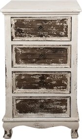 Comodă vintage îngustă cu 4 sertare, din lemn, alb și maro, cu butoni din metal și picioare curbate, 81 x 44 x 35 cm, „Renard”