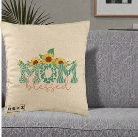 Cadou pentru Mama - Perna Personalizata Mom Blessed cu Floarea Soarelui Animal Print Teal, 40x40 cm, Bej, Husa Detasabila, Perna Inclusa, BEKZ®